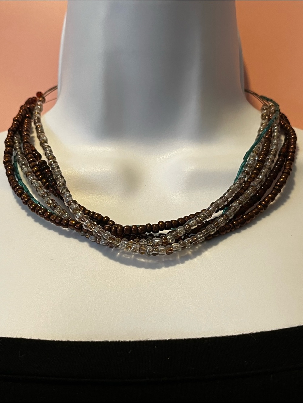 NYJ Multi-Strand Brown, Teal, Goldand Clear Beaded Necklace